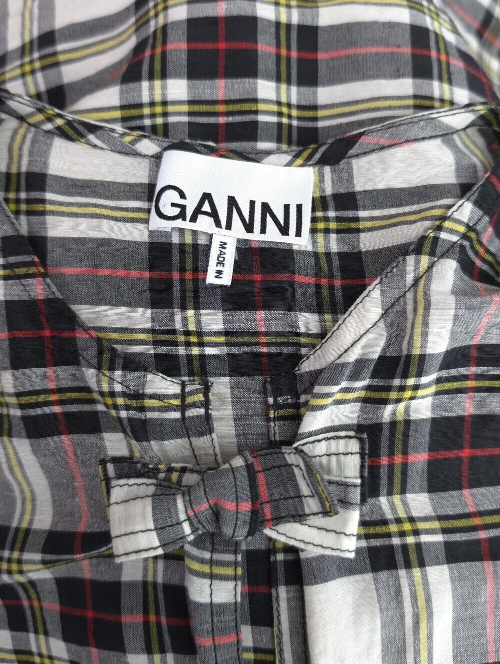 Ganni Silk Ivory Check Babydoll Mini Dress with Black and Red Tartan - Picture 8 of 13